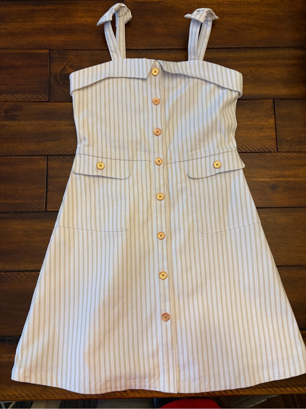 Janie and Jack Girls White & khaki color. Striped Gold Button-Front Sundress
